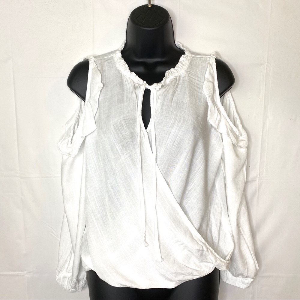 RENVY Blouse Cold Shoulder Ruffle Drape  Shirt -‎ L